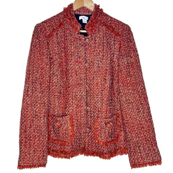 Chico's Tweed Jacket Womens Size 1 SARAIH Red Orange Button Front Lined‎ - Picture 2 of 11
